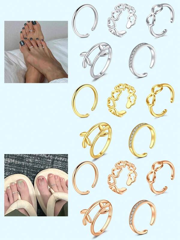 5Pcs Stainless Steel Toe Ring Open Foot Ring Pack Set Heart & Leaf & Cubic Zirconias Adjustable Beach Toe Ring For Women Man Daily Wear, Ideal Gift For Summer Vacation