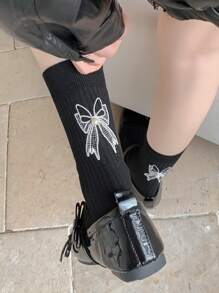 1 Pair Women's Korean Style Socks With Embroidered Bow & Pearl Decor, Fashion Sweet & Cute