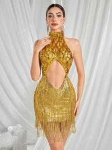 Mesh Hollow Sequins Tassel Dress Mini Dresses Evening Short Dresses