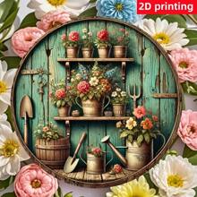 [Estilo Europeu] Arte de Parede Redonda de Madeira com Tema de Jardim Vintage, 7.87 Polegadas - Design Rústico de Flor e Ferramenta de Jardinagem, Adequado para Casa, Quarto, Banheiro, Bar, Café, Decoração Estilo Fazenda - Placa de Parede Retrô Encantadora, Decoração de Jardim