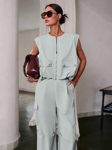 Sollinarry 2pcs Women Summer New Zipper Sleeveless Top And Long Pants Set, Music Festival