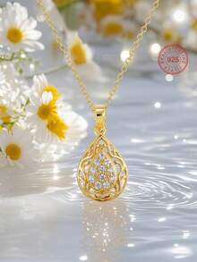 Artepollo 1pc 925 Silver Hypoallergenic Hollow Waterdrop Pendant Necklace With Brilliant Cubic Zirconias, Gift For Friends, Lovers, Birthday, Holiday - one-size - View 1