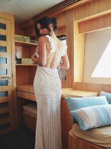 Elegant Women's Sexy V-Neck Lace Knit Semi-Sheer Backless Dress, Boho Style, Spring/Summer - Apricot - View 7