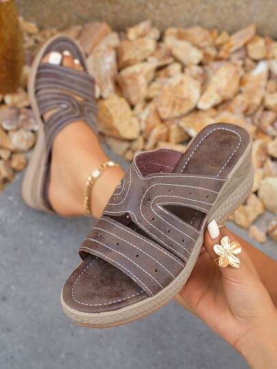 Brown Hollow-Out Wedge Sandals, Increase Height, Breathable, Wood Grain, Retro, Outdoor Sports, Elegant Party, Punk, Preppy, Fashion Forward, Vintage, Cute, Casual, Luxury, Chinese Style, Perforated, Wedding, Party, Office, Home, Gym, Outdoor, Spring, Autumn, Winter