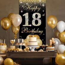 1 pièce Décorations pour les 16e, 18e et 21e anniversaires - Décorations de fête noires et dorées avec bannière de porte, panneau de pelouse et toile de fond pour photo - Fournitures de fête d'anniversaire de 18 ans pour les adolescents