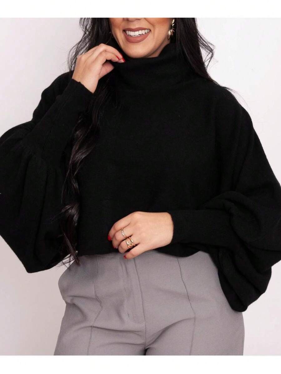 Women's Long Sleeve Crop Top With High Neck In Fleece - Black - View 1