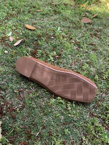 女士休闲系带方头玛丽珍平底鞋，针织，软底，春夏 - 棕色光板 - 查看 5