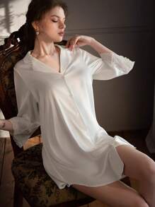 Sexy Underwear Spring And Summer Thin Boyfriend Wind Lace Pajamas Ice Silk Long Sleeve Comfortable Shirt Nightdress Suit Ladies' Home Clothes Sexy Lingerie Set