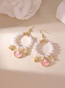 MESTILO 2pcs Tropical Style Metal Faux Pearl Oil Drop Starfish, Fish, Seashell Design Earrings Suitable For Women Holiday & Vacation Wear