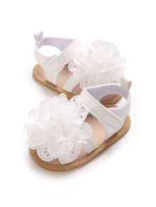 حذاء صندل طفلة حديثة الولادة من 0-1 سنة، مزين بزهور من الدانتيل، نعل مطاطي ناعم مانع للانزلاق، مناسب للاستخدام اليومي والخارجي والشاطئ في الصيف