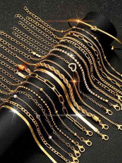 Set van 19/9 stuks hartknoop kristal strass geometrische kralen imitatie parel slangbot ketting, gedraaide ketting, Back To Life ketting, minimalistische effen ketting, armband, modieus elegant delicaat retro design, geschikt voor vakantie, feest, daten, cadeau, dagelijks gebruik