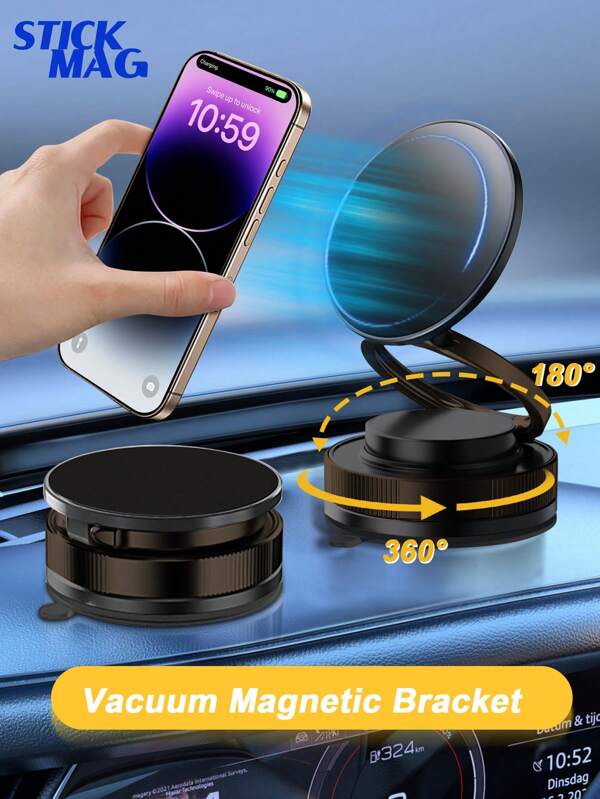 STICKMAG Ultra-Strong Folding Magnetic Car Phone Stand, 360° Rotation, Vacuum Suction Cup Base And Magnetic Guide Ring - Universal Stand For IPhone, Android And All Smartphones, Ideal For Cars, Gyms, Mirrors Or Smooth Surfaces, Dashboard Mount | Folding Design | Powerful Magnetic Grip