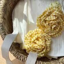 1pc Yellow Plaid Rustic Rose Flower Hair Scrunchie, Elegant Hair Accessory - Yellow - View 2