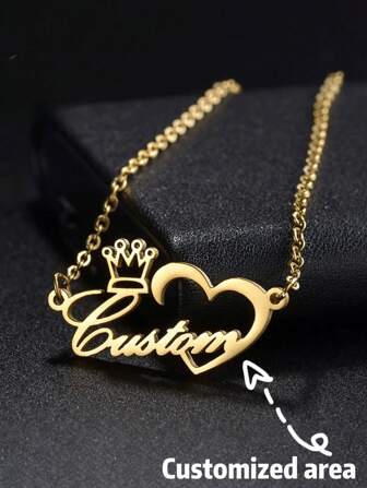 Un collar con nombre en inglés personalizado de acero inoxidable con un dije hueco con forma de corona y corazón, regalo de alta gama para cumpleaños y fiestas - Joyería de pareja universal para novia, madre, familia, amigos, hija, adecuado para aniversario, Día de San Valentín, Día de la Madre, cumpleaños, ceremonia de graduación, uso diario, boda, fiesta de baile