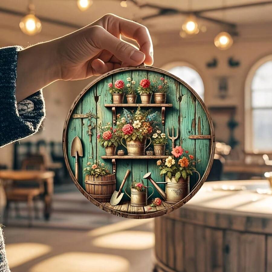 [Estilo Europeu] Arte de Parede Redonda de Madeira com Tema de Jardim Vintage, 7.87 Polegadas - Design Rústico de Flor e Ferramenta de Jardinagem, Adequado para Casa, Quarto, Banheiro, Bar, Café, Decoração Estilo Fazenda - Placa de Parede Retrô Encantadora, Decoração de Jardim