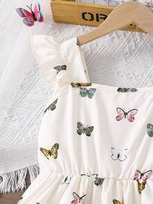 女童蝴蝶印花方领针织连衣裙，荷叶边装饰，甜美优雅的设计，适合夏季 - 黃色 - 查看 6