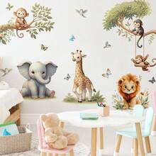 1 pièce Autocollant mural décoratif d'un monde forestier dessin animé avec lion, éléphant, girafe, singe se balançant en aquarelle. Pour la décoration de la chambre d'enfants, la garderie, la chambre. Décoration pour la Fête des enfants - Multicolore - Voir 2
