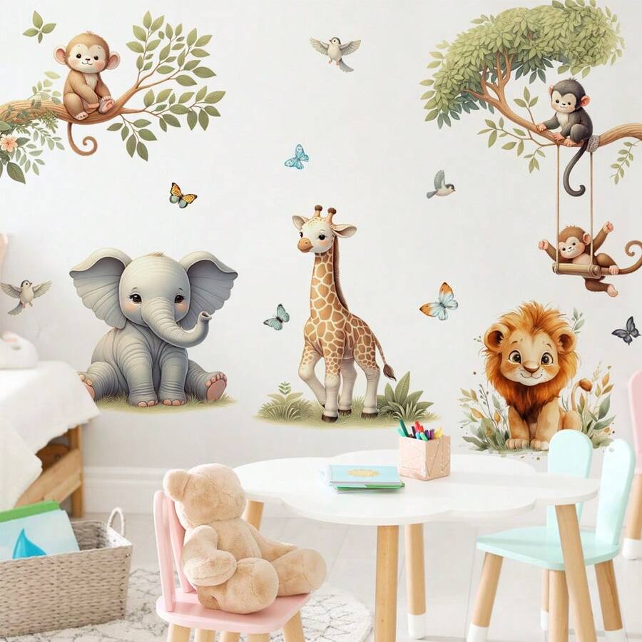 1 pièce Autocollant mural décoratif d'un monde forestier dessin animé avec lion, éléphant, girafe, singe se balançant en aquarelle. Pour la décoration de la chambre d'enfants, la garderie, la chambre. Décoration pour la Fête des enfants
