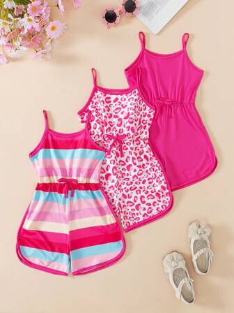 3pcs/Set Girls Casual Strap Jumpsuit, More Options, Versatile Shorts, Breathable For Summer Vacation