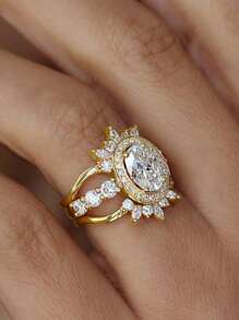 1 pieza Lujoso anillo de mujer de oro francés con diseño geométrico elíptico hueco y circonita cúbica, adecuado para boda, Día de San Valentín, compromiso, aniversario, regalo para la novia