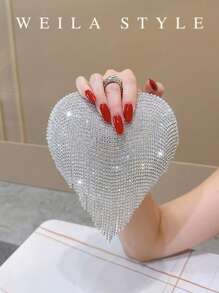 Rhinestone Embellished Heart Shaped Luxury Tassel Evening Clutch Bag, Diamond Wedding Party Handbag, Silver Envelope Purse, High-End Fashion Elegant Evening Dress Bag Crossbody Bag