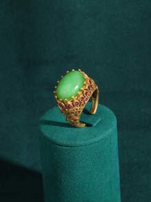 1 peça anel cabochão vintage antigo banhado a ouro 18K com filigrana de cobre e pétalas de chamas com pedras naturais: esmeralda, âmbar, multicolorido disponível