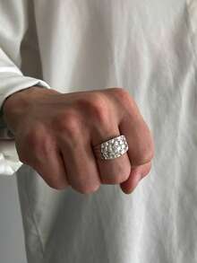 1pc Rectangular Men's Geometric Hammered Textured Retro Fashion Open Ring - Silver - View 5