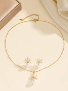 1 Set Stainless Steel Crown & Pearl Necklace Earrings, Luxurious Micro-Inlaid Personalized Banquet Jewelry Gift