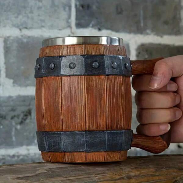 600ML Retro Wooden Barrel Mug For Father's Day Gift, Stainless Steel Barrel Shape Coffee Mug – Viking Style Beer Cup For Men, Parties & Dad