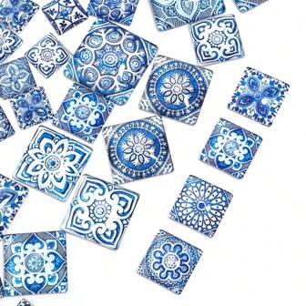 10 stuks/pak diverse maten vierkante glazen cabochons met bloemenpatroon, willekeurige mix van modieuze vintage elegante blauwe en groene kleuren, geschikt voor doe-het-zelf sieraden zoals kettingen, ringen, armbanden en versieringen