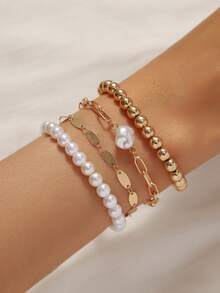 4pcs/Set Elegant Faux Pearl Beaded Chain Bracelets, Suitable For Daily Wear - Multicolor - View 1