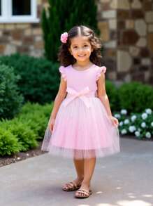 coviviky Conjunto de top acanalado de manga corta y falda de tul con estrellas degradadas para niñas, incluye cinturón, dulce y elegante para fiestas, bodas, verano