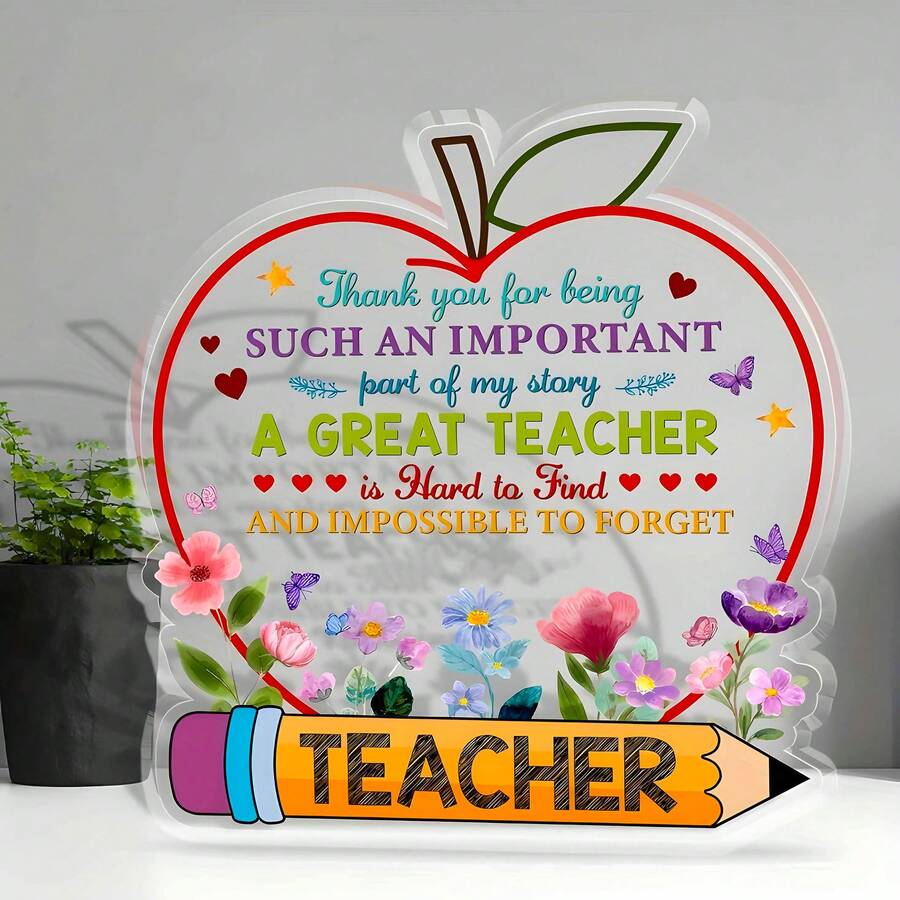 1 件亚克力苹果牌匾 - 毕业感谢老师的礼物，温馨的桌面装饰，适合教室、书架或办公室装饰，学校装饰，学校惊喜宿舍装饰，返校装饰