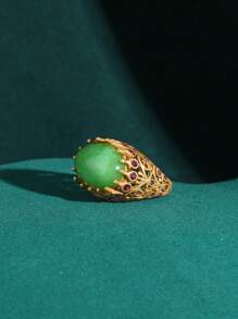 1 peça anel cabochão vintage antigo banhado a ouro 18K com filigrana de cobre e pétalas de chamas com pedras naturais: esmeralda, âmbar, multicolorido disponível