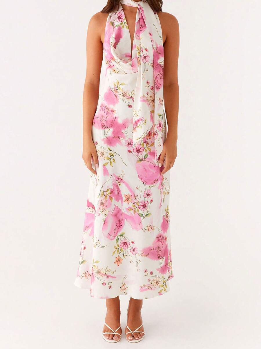 Women Summer Floral Long Dress With Scarf Floral Print Cowl Neck Sleeveless Backless Halter Neck Dress And Scarf For Beach Club Streetwear - Pink - View 1