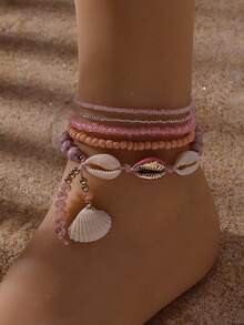 5pcs/Set Bohemian Seashell Multi-Element Pendant Anklet, Colorful Bead Multilayer Elastic Rope Anklet, Versatile, Women Fashionable Design, Suitable For Travel & Photography - Royal Blue - View 5