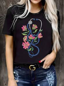 Camiseta de algodón de manga corta negra de 180 g para mujer con cuello redondo, diseño de estampado floral de estetoscopio, estilo profesional médico, top informal de verano, camiseta estampada cómoda para enfermeras y trabajadores de la salud, regalo perfecto para médicos - Negro - Ver 1