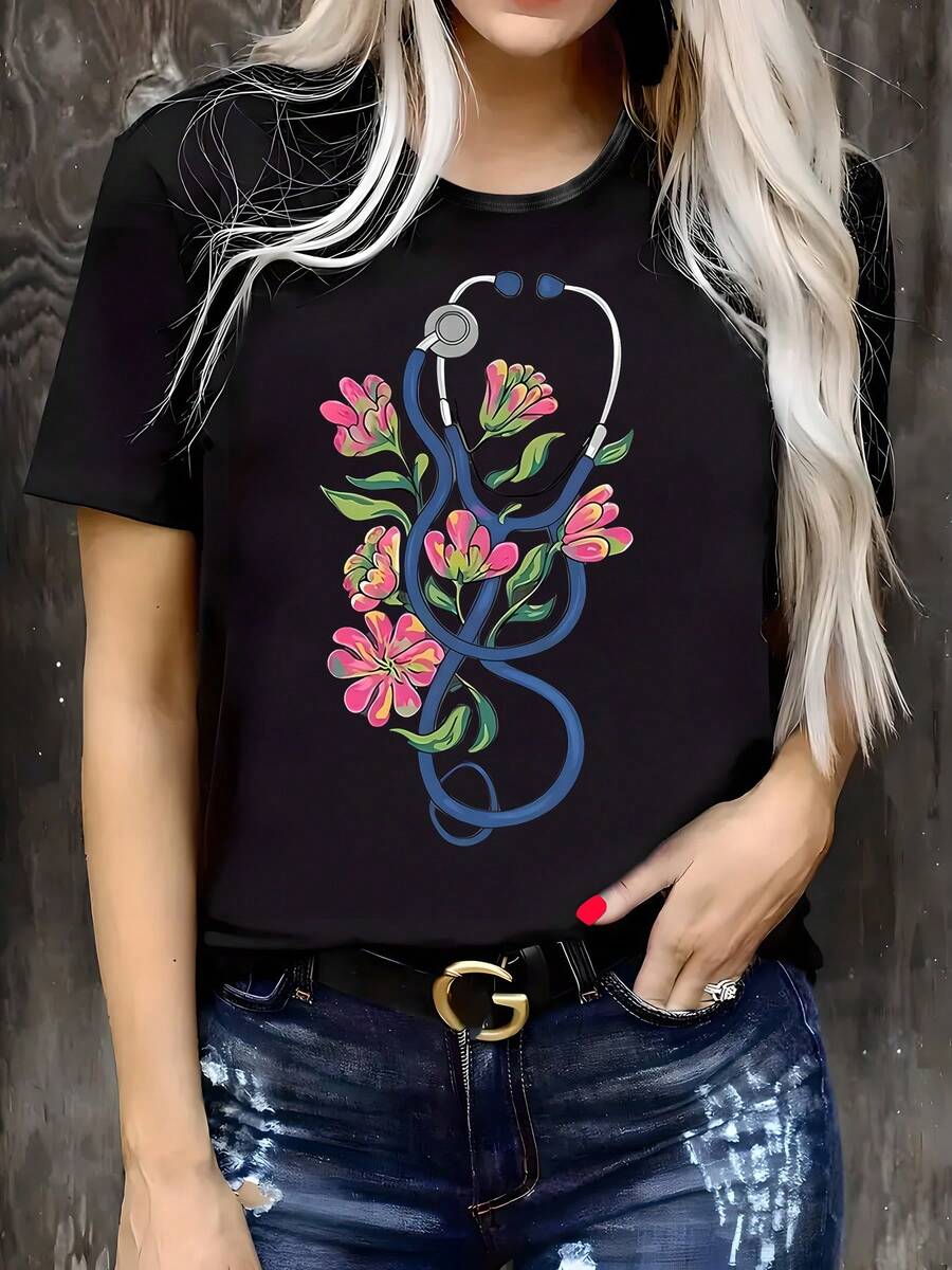 Camiseta de algodón de manga corta negra de 180 g para mujer con cuello redondo, diseño de estampado floral de estetoscopio, estilo profesional médico, top informal de verano, camiseta estampada cómoda para enfermeras y trabajadores de la salud, regalo perfecto para médicos - Negro - Ver 1