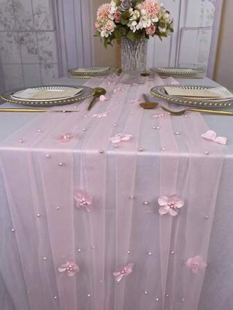 珍珠装饰婚礼桌布用于接待新娘送礼会桌布甜点桌珍珠薄纱窗帘薄纱雪纺串珠新娘面纱桌布亚麻覆盖蕾丝面料