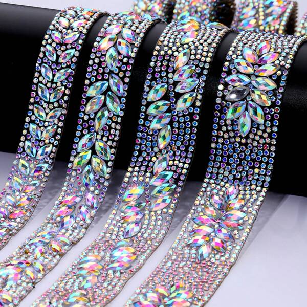 90cm(35.43in) Hot Fix Crystal AB Motif Strass Rhinestone Sewing Trim Sparkling Iron On Glass Crystals Strip For Garment Bags Wedding Dress Home Decor DIY Crafts-Width 1.6/1.7/2.3/2.5cm(0.63/0.669/0.906/0.984in)