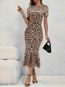 European & American Stylish Summer New Fashion Elegant Holiday Beach Home Party Date Leopard Print Round Neck Short Sleeve Fishtail Hem Dress