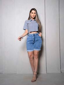 Wide Baggy Bermuda Jeans With Turned Hem - 中藍色 - 查看 5