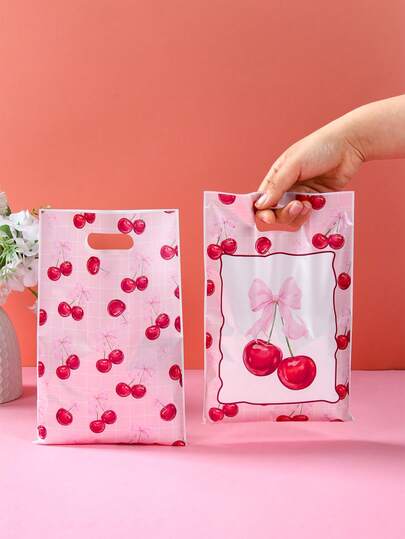 10/25/50pcs Cherry Tote Gift Bags, Cherry Bow Patterned Wrapping Bags Plastic Bags, Cherry Birthday Party Favors Wrapping Bags, Holiday Celebration Table Decoration Wrapping Bags, Wedding Favors Decorating Bags, Babe Shower Decorations, Summer Decorations, Multi-Purpose Gift Wrapping Supplies, Party Decorations Supplies, Party Favors