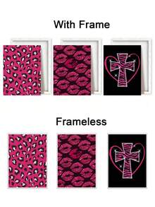 3Pcs Pink Wall Art, Glamorous Canvas Print Wall Painting, Zebra Pattern Poster, Glitter Decorative Artwork, Lips Paintings, Bold Wall Decor, Art Prints, Home Decor, Posters, Ideal Gift,With Frame