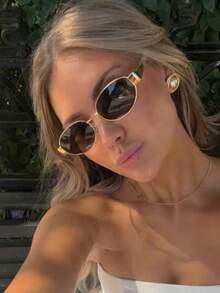 一副男女通用椭圆形金属框时尚眼镜，休闲眼镜，适合日常通勤、海滩、街头摄影 - 黑灰 - 查看 2