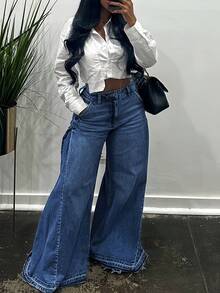 Modern Cozy  Chic Denim Wide Leg Jeans - 寶藍色 - 查看 4