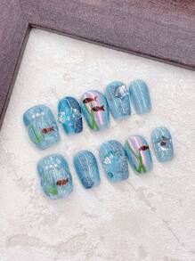 10PCS Blue Press On Nails Short Nails Ocean Shell Underwater World Summer Beach Essentials Nails Home DIY Nail Design Full Coverage Fake Nail Tips Artifical Fingernails For Women And Girls Manicure Supplies Office Daily Wear False Nails Purely Hand-Wear Nails Purely Hand-Wear Nails