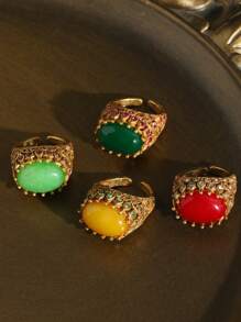 1 peça anel cabochão vintage antigo banhado a ouro 18K com filigrana de cobre e pétalas de chamas com pedras naturais: esmeralda, âmbar, multicolorido disponível