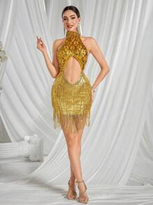 Mesh Hollow Sequins Tassel Dress Mini Dresses Evening Short Dresses