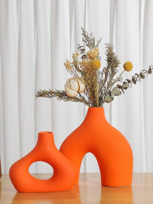 Orange Ceramic Vase 2 Pieces Set Suitable For Modern Minimalist Bohemian Decoration, Round Matte Donut Vase Suitable For Reed - Perfect For Decorating Living Rooms, Dining Tables, Office Bedrooms, Shelves, Entrances, Consoles Flower Vase,Room Decor,Home Decor,Centerpieces,Table Decor Glass Vase